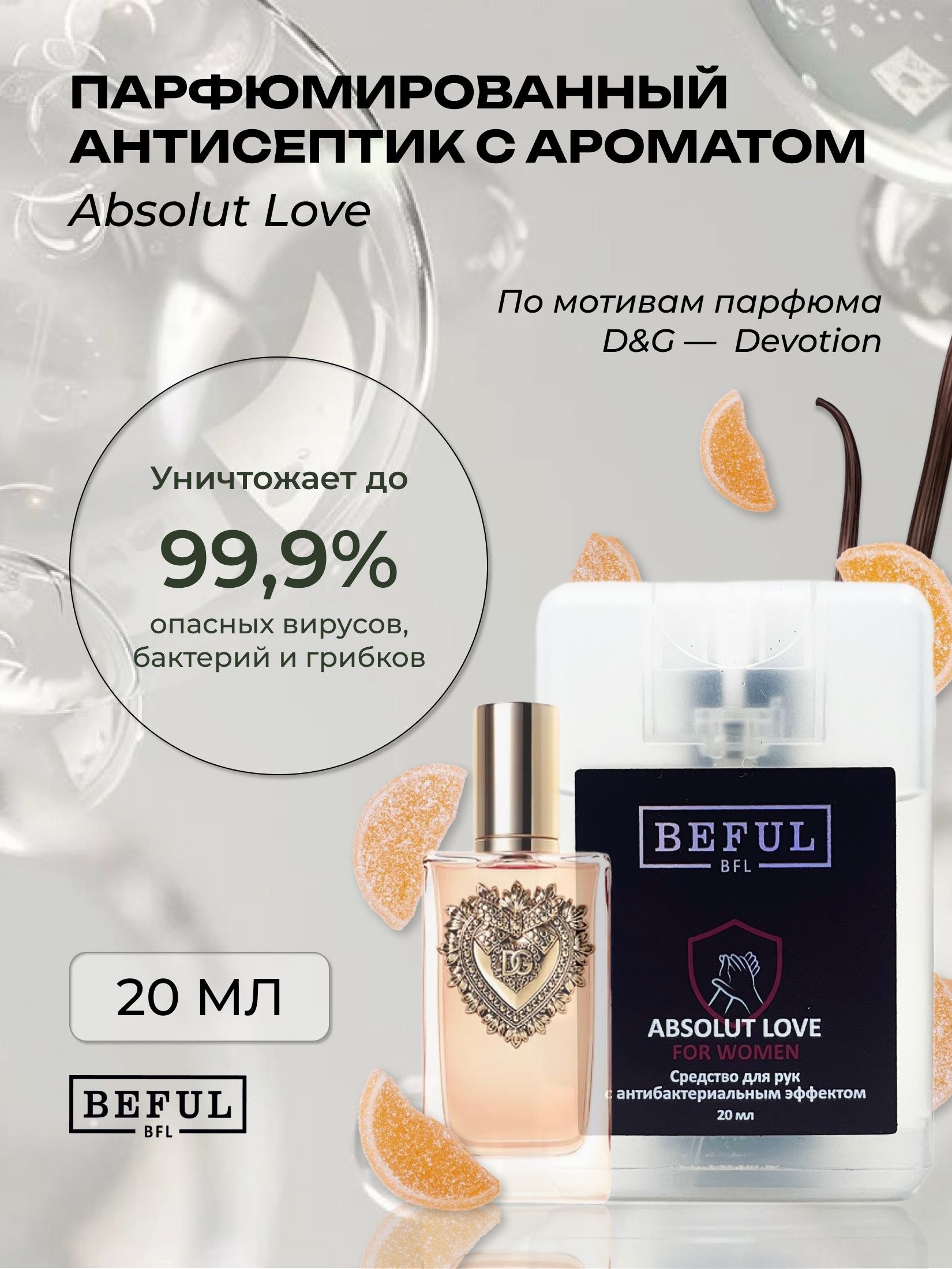 Карманный женский антисептик ABSOLUT LOVE, спиртовой санитайзер, 20 мл