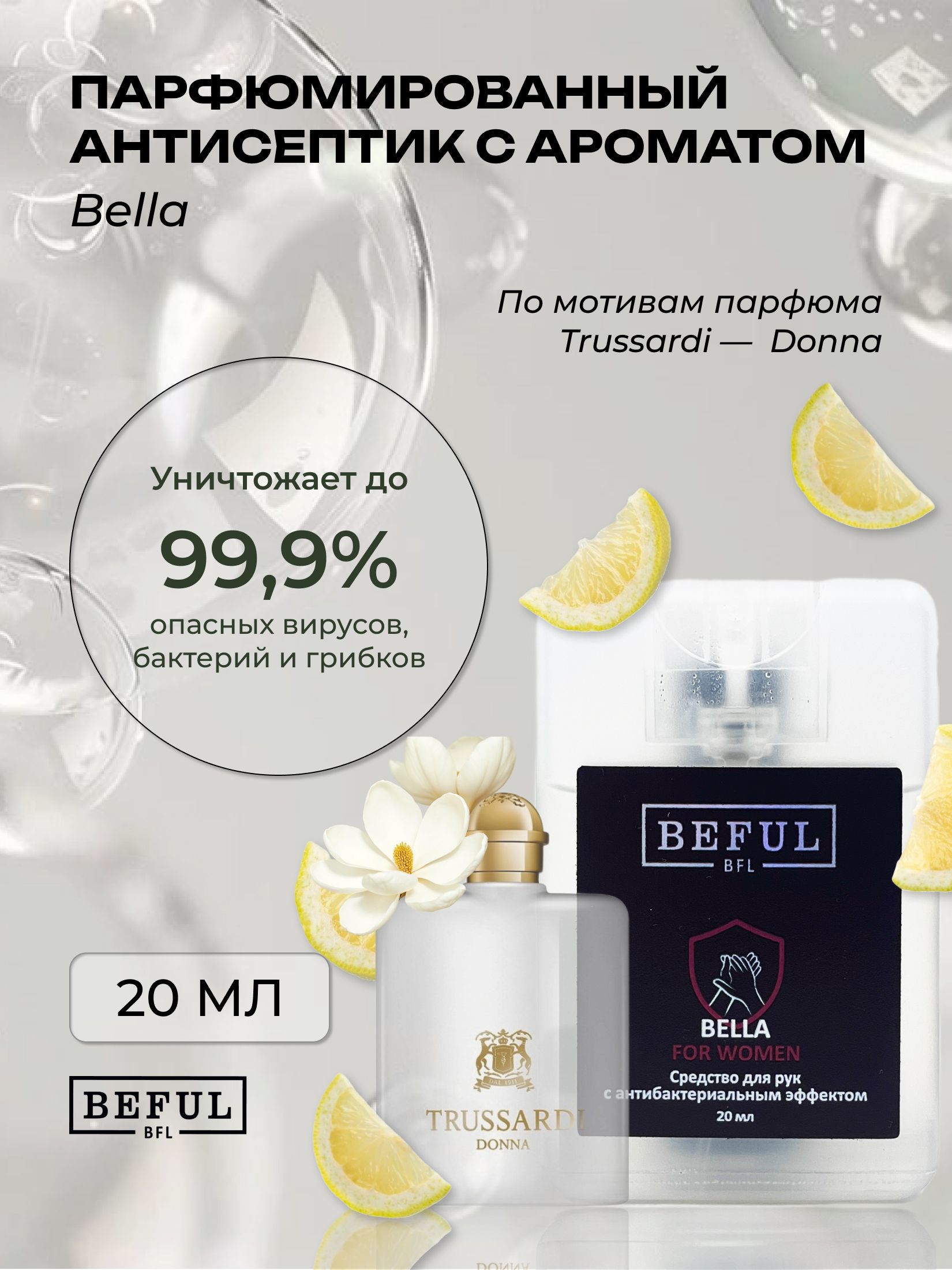 Карманный женский антисептик BELLA, спиртовой санитайзер, 20 мл.