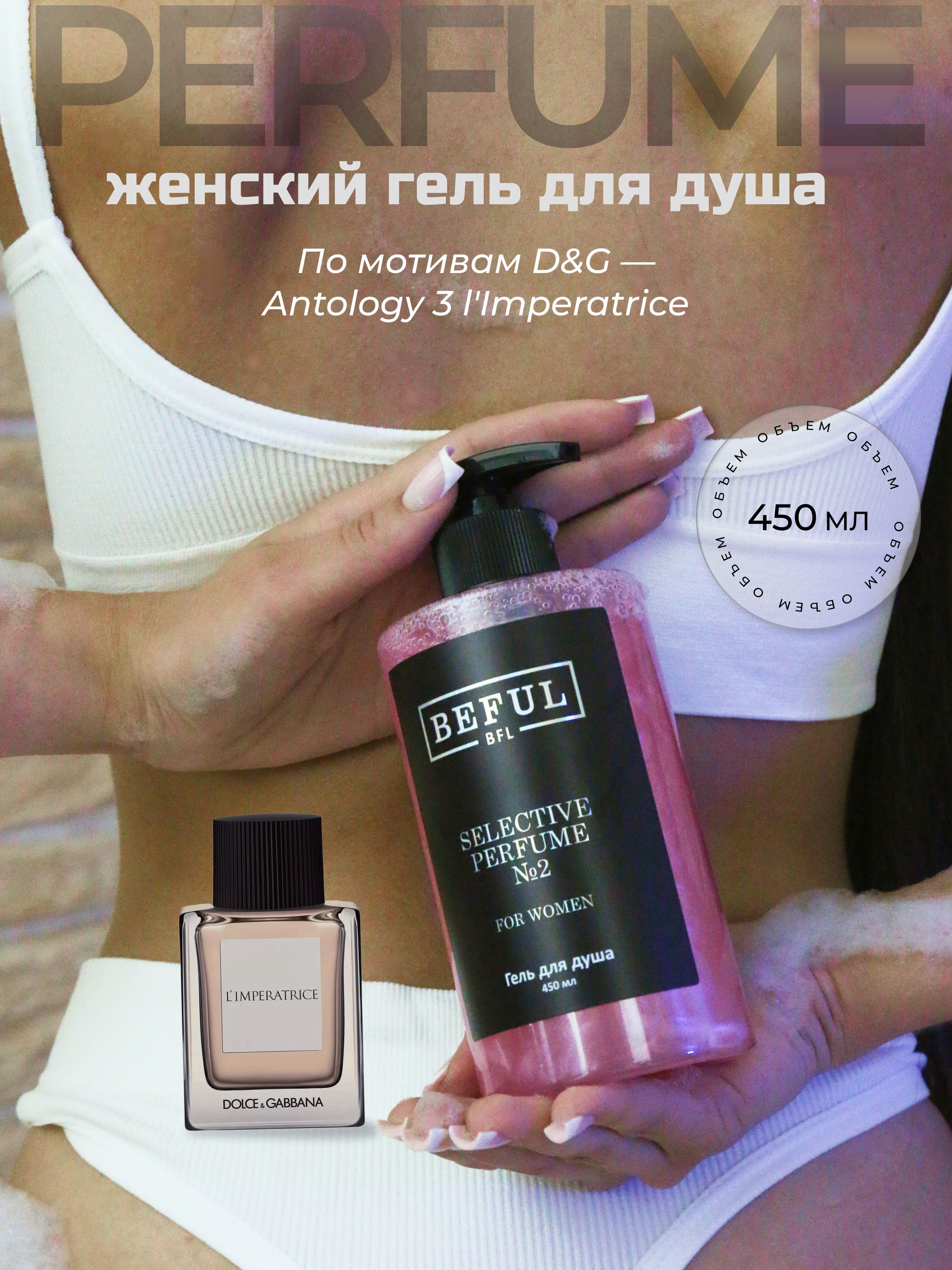 BEFUL Гель для душа женский парфюмированный с шиммером "Selective Perfume № 2", 450 мл, увлажняющий, с дозатором.